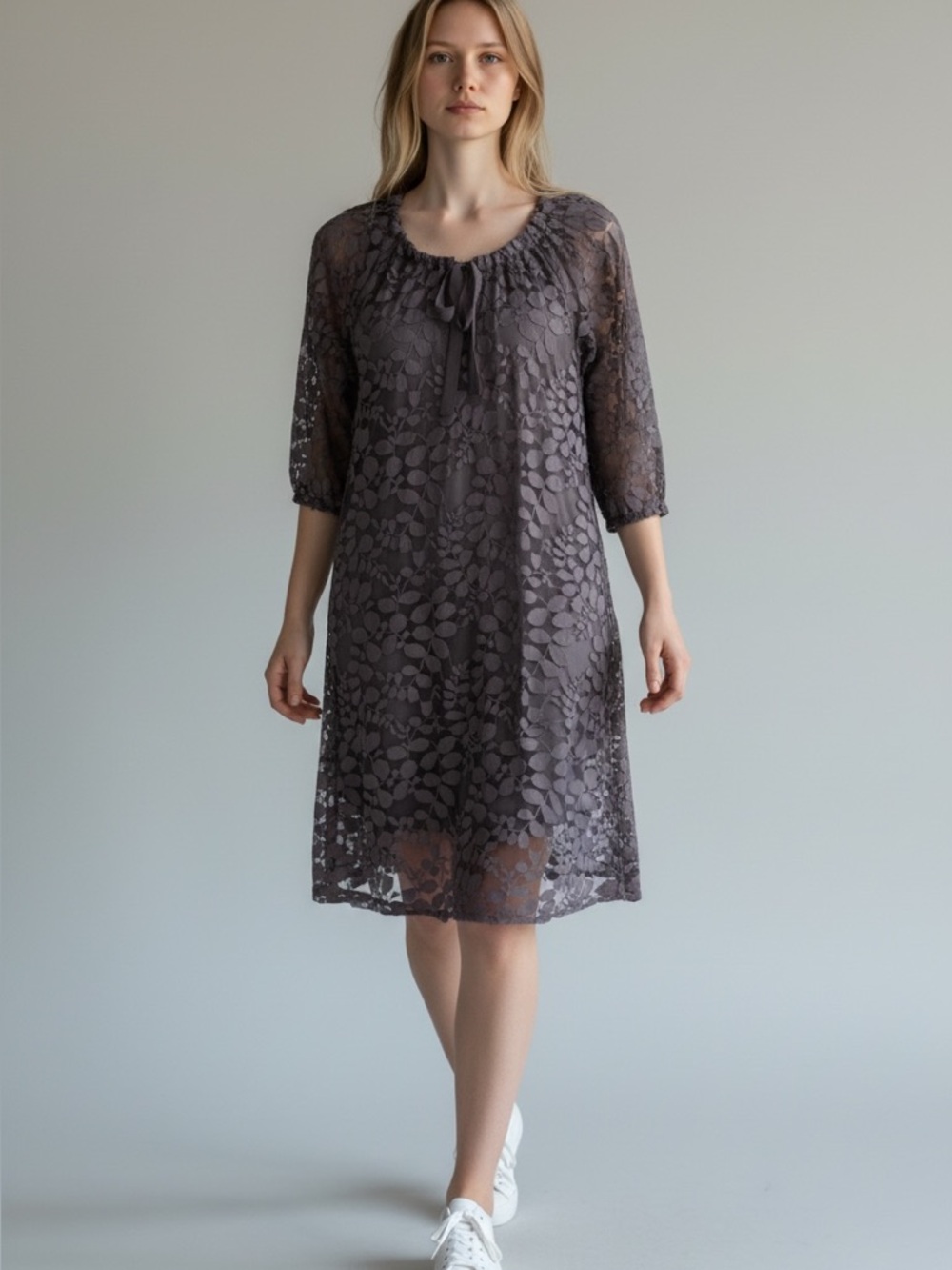 Garnet Hill Gray Leaves Lace Dress Size 6